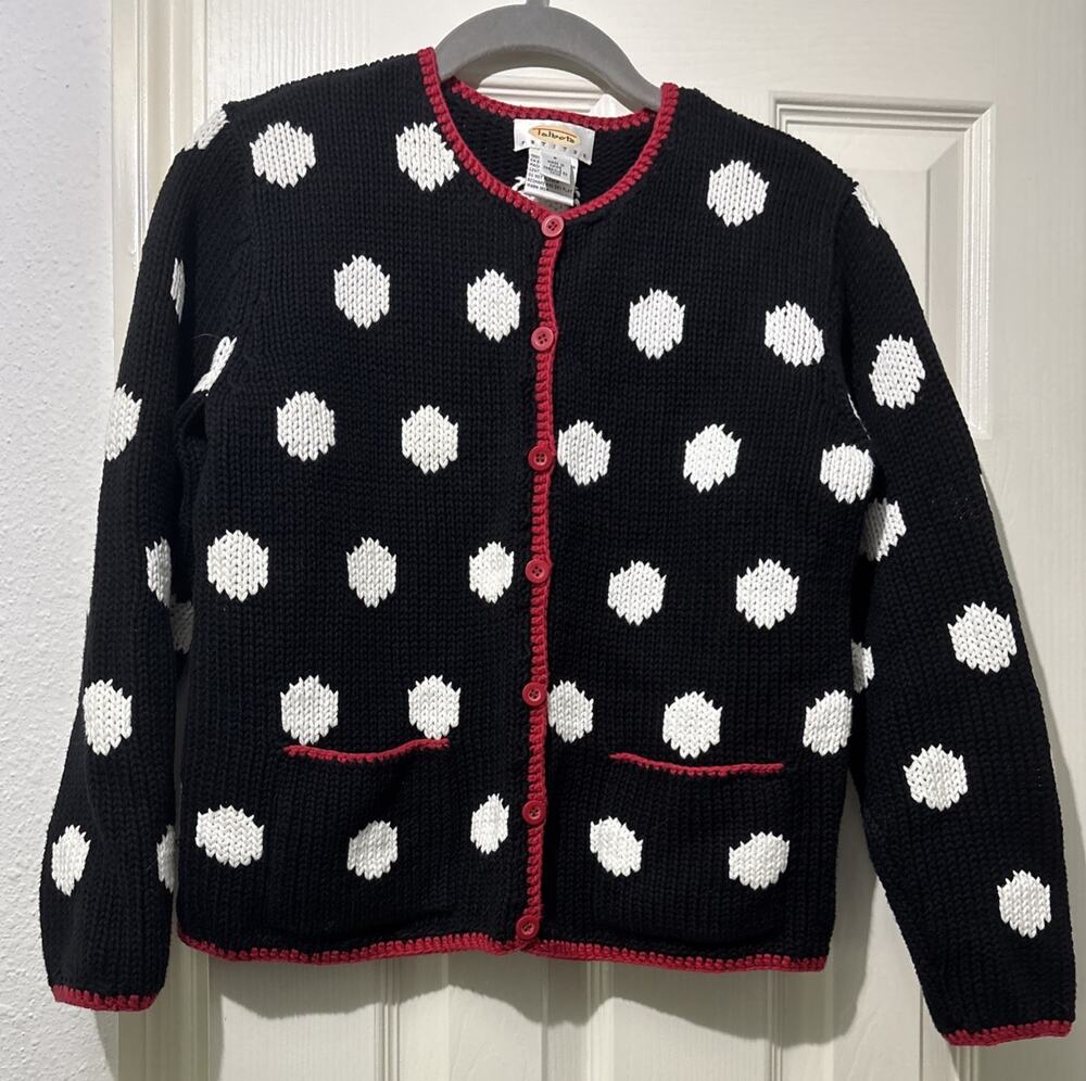Talbots Petites Black White Polka Dot Cotton Sweater Cardigan Red Trim Size P/XS